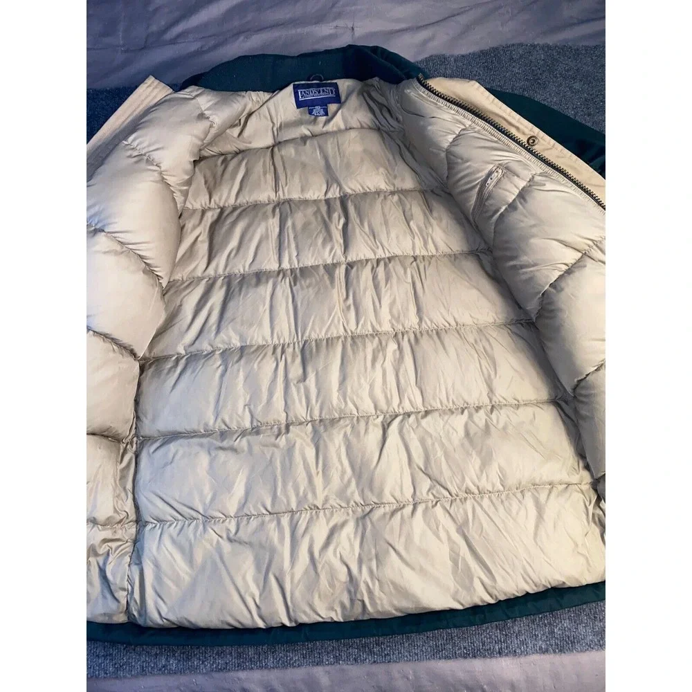 Lands' End Long Jacket Men Medium Green Down Fill Line‎ Snap Front Inside Zip